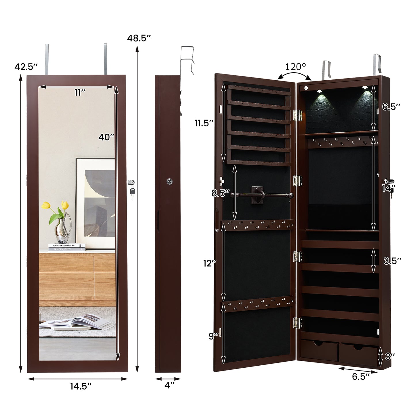 Lockable Wall Mount Mirrored Jewelry Cabinet with LED Lights-Brown