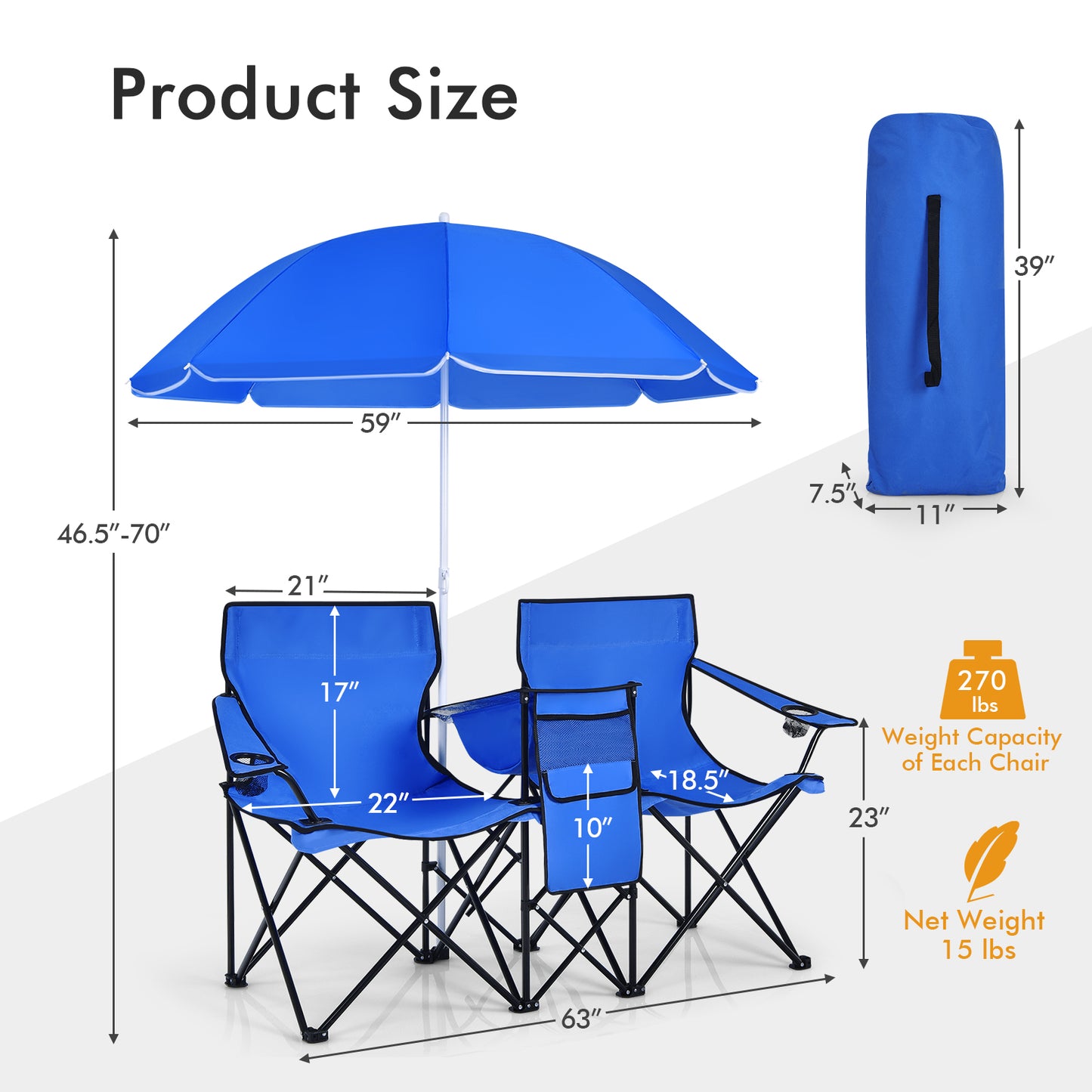 Portable Folding Picnic Double Chair with Umbrella