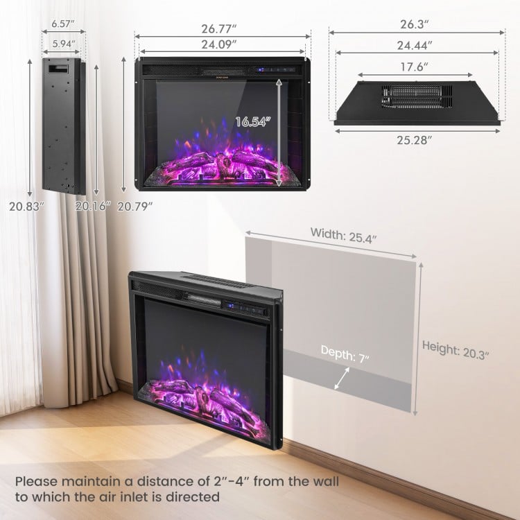 26 Inch Recessed Electric Fireplace heater with Remote Control 750W/1500W