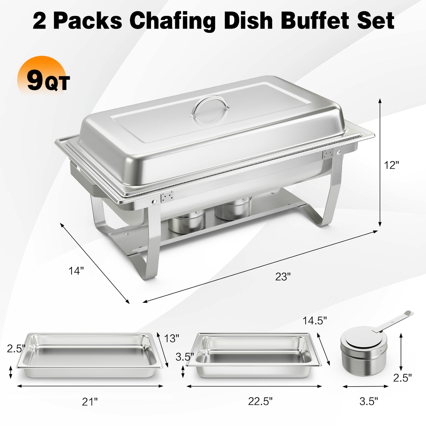 Lot de 2 réchauds rectangulaires en acier inoxydable de 9 litres pour buffet