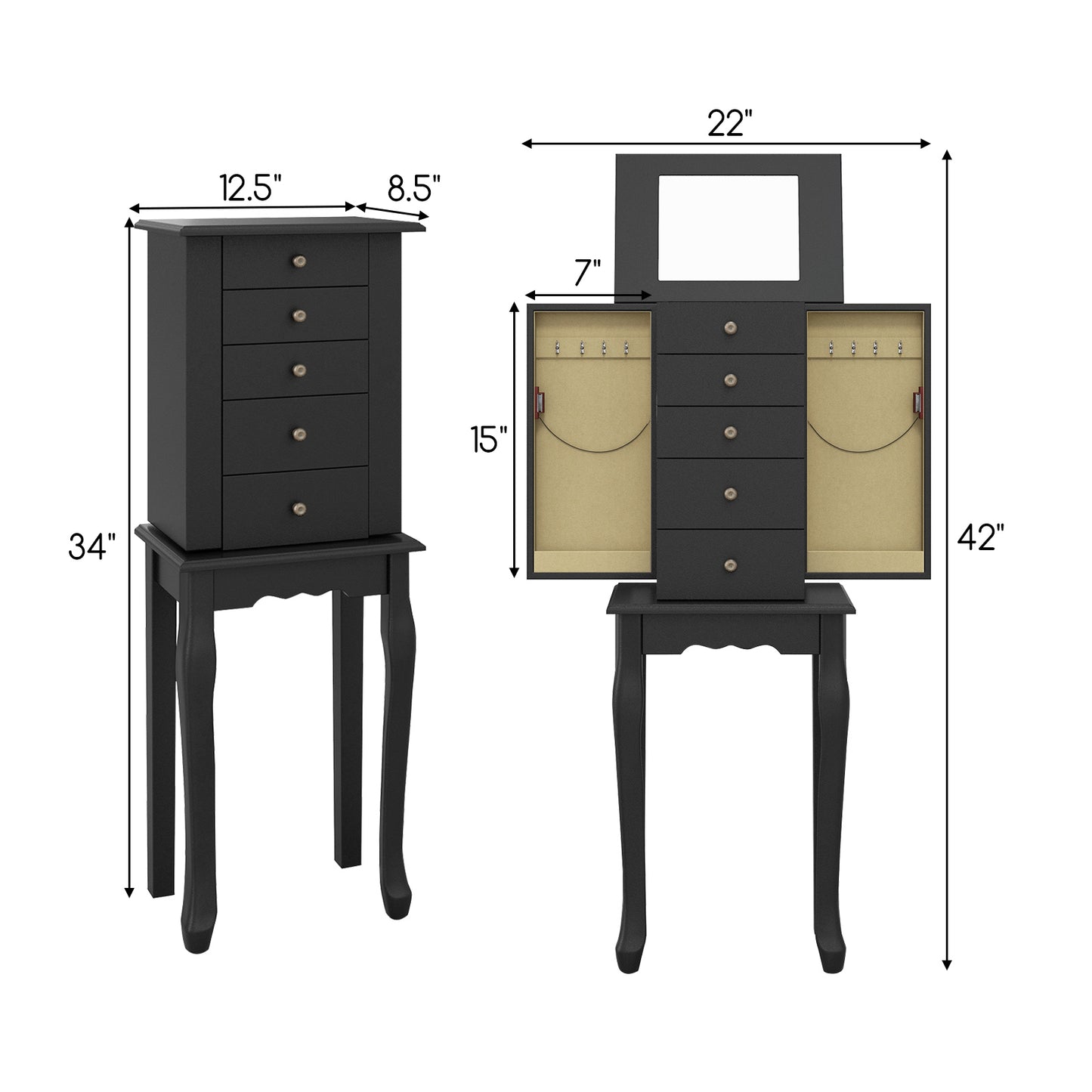 2 Colors Armoire Storage Standing Jewelry Cabinet with Mirror-Black