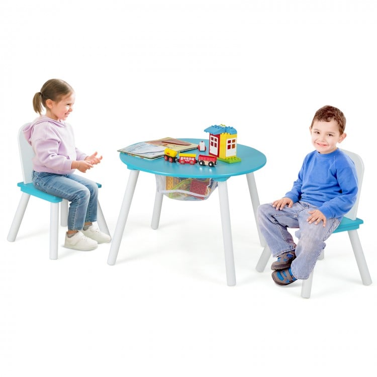 Ensemble table et chaises pour enfants en bois avec rangement central en maille