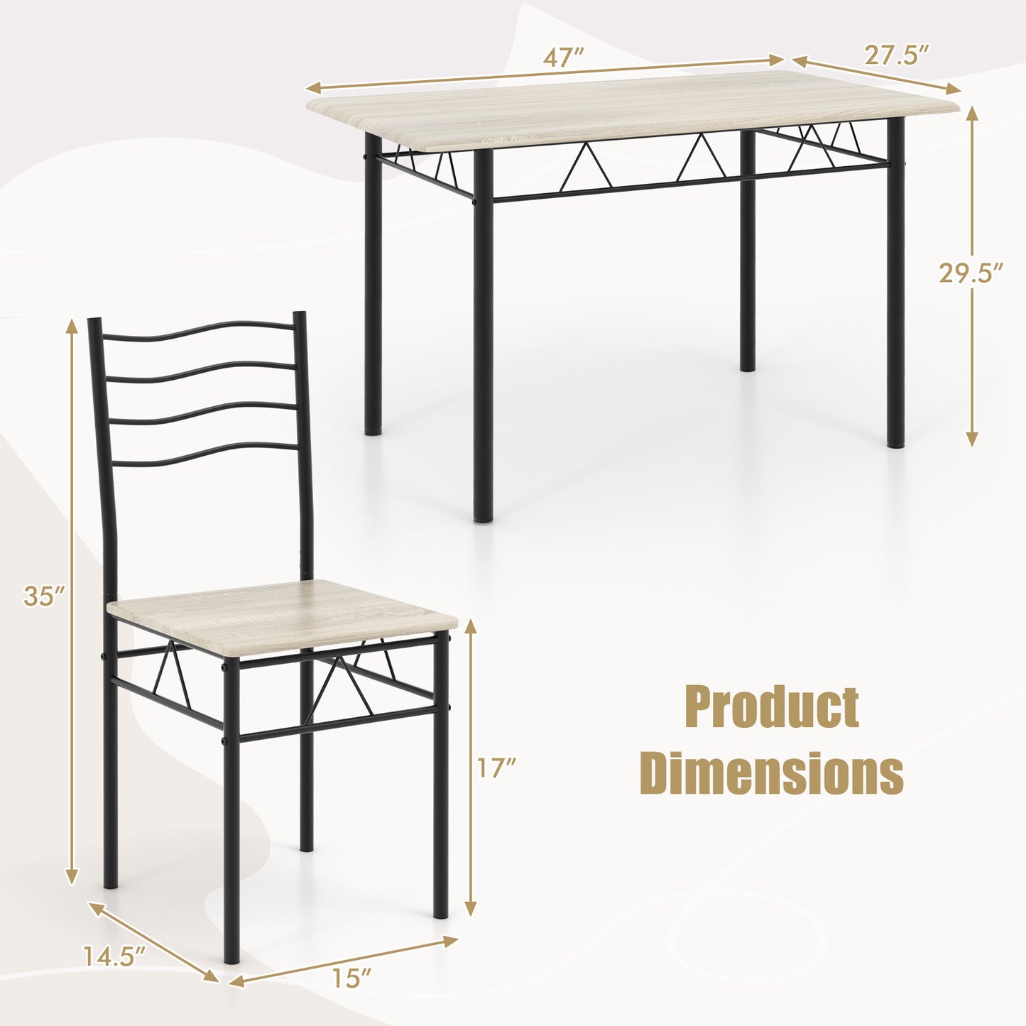 5 Pieces Wood Metal Dining Table Set with 4 Chairs-Natural