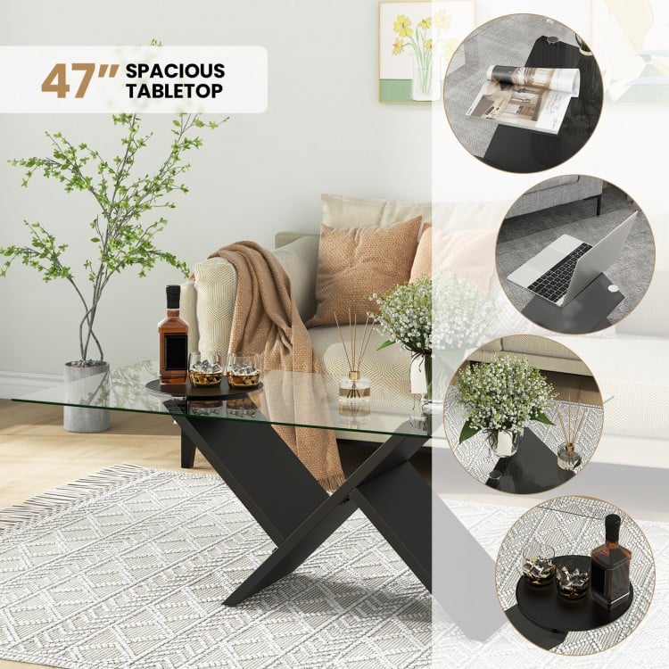 Table basse rectangulaire en verre de 47 pouces Table centrale moderne avec plateau en verre trempé