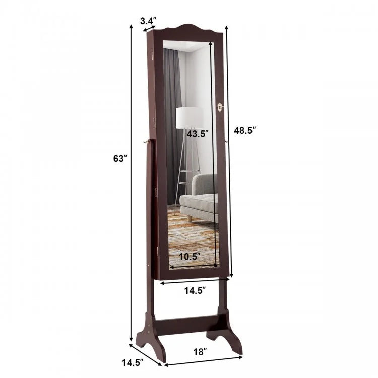 Mirrored Jewelry Cabinet Storage With Drawer And Led Lights -Coffee