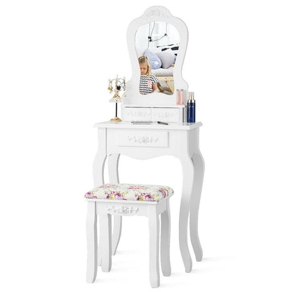 Coiffeuse et banc de maquillage 3 tiroirs et tabouret rembourré pour filles - Blanc