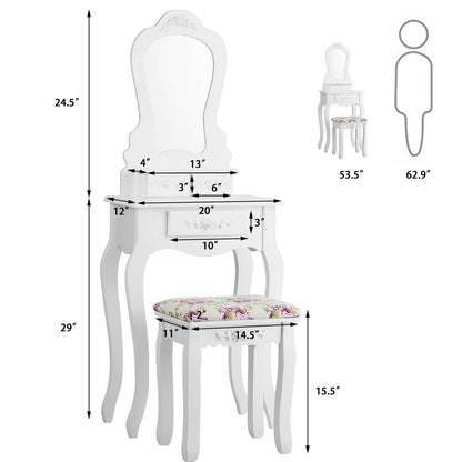 Makeup Dressing Table and Bench 3 Drawers and Cushioned Stool for Girls-White