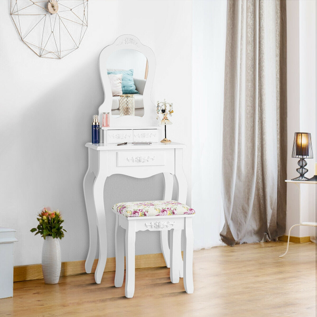 Makeup Dressing Table and Bench 3 Drawers and Cushioned Stool for Girls-White