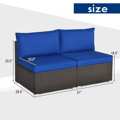 2 Pieces Patio Rattan Armless Sofa Set with 2 Cushions and 2 Pillows