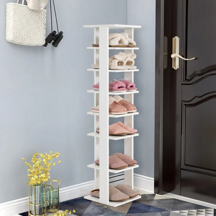 7-Tier Wooden Shoe Rack Narrow Vertical Shoe Stand Storage Display Shelf-White