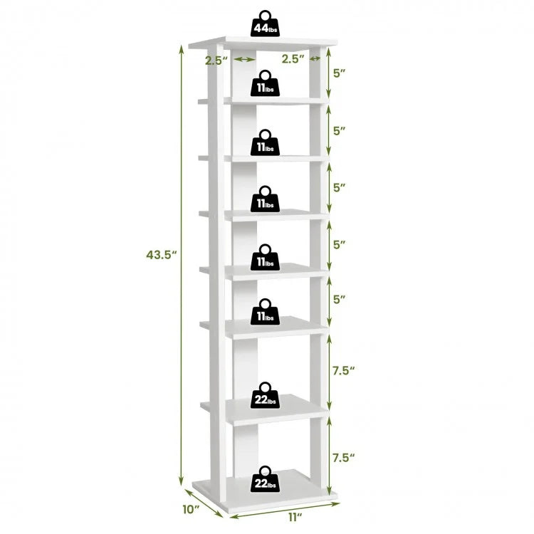 7-Tier Wooden Shoe Rack Narrow Vertical Shoe Stand Storage Display Shelf-White