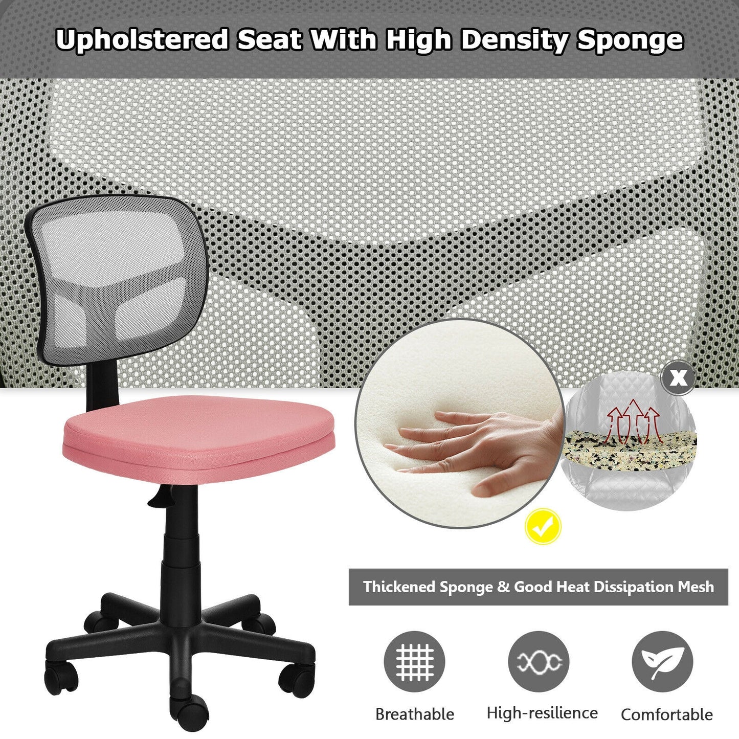 Armless Computer Chair with Height Adjustment and Breathable Mesh for Home Office