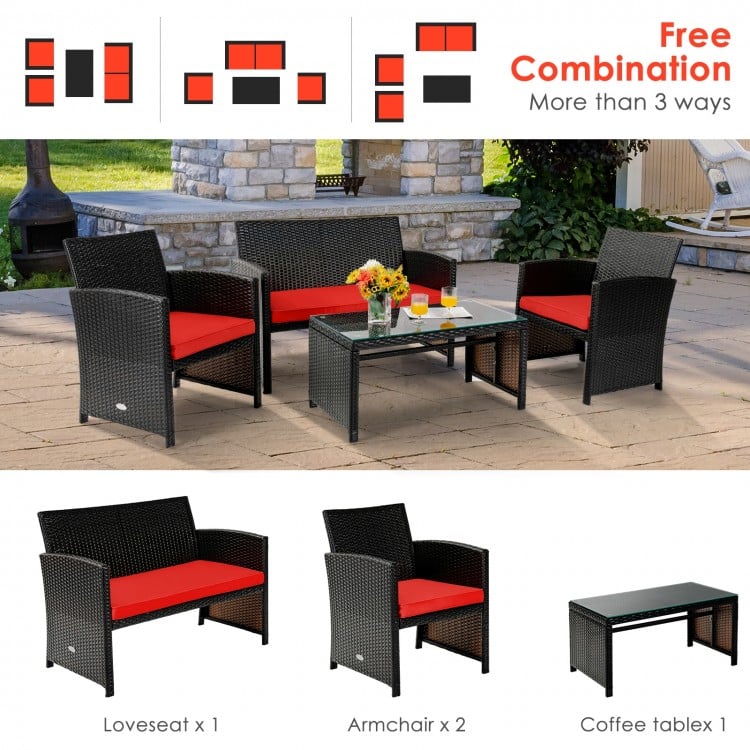 4 Pieces Patio Rattan Cushioned Furniture Set