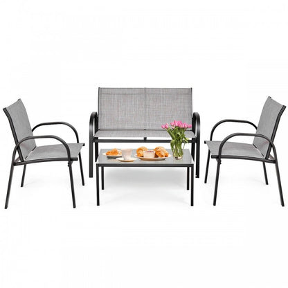 Ensemble de meubles de patio 4 pièces avec table basse à plateau en verre - Gris