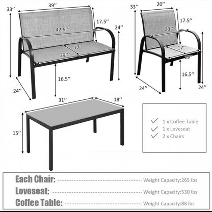 Ensemble de meubles de patio 4 pièces avec table basse à plateau en verre - Gris