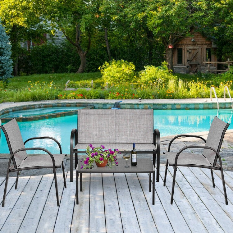 Ensemble de meubles de patio 4 pièces avec table basse à plateau en verre - Gris