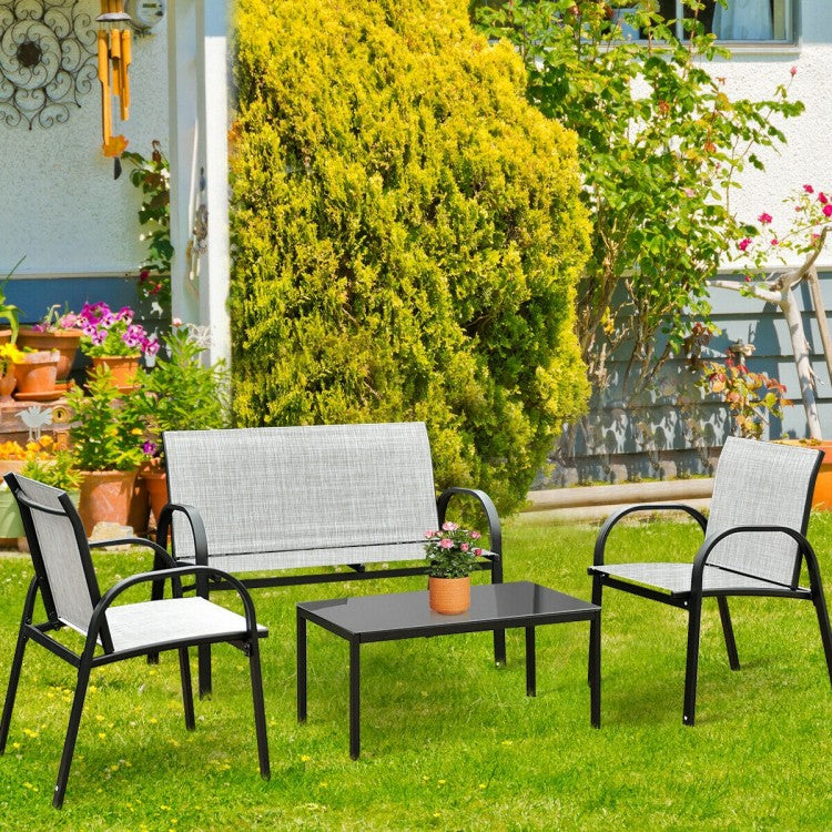 Ensemble de meubles de patio 4 pièces avec table basse à plateau en verre - Gris