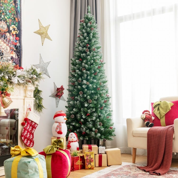 5/7 Feet Pre-lit Pencil Christmas Tree with Pine Cones and Red Berries