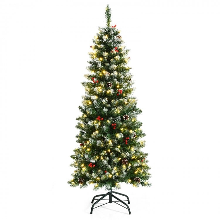 5/7 Feet Pre-lit Pencil Christmas Tree with Pine Cones and Red Berries