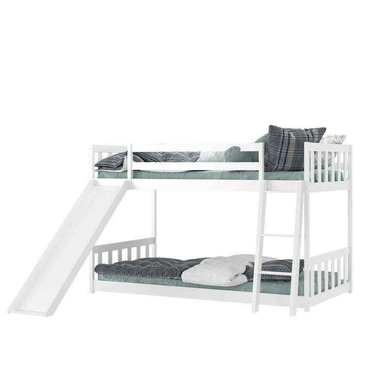 Twin Over Twin Bunk Wooden Low Bed with Slide Ladder for Kids