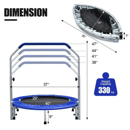 40 Inch Folding Exercise Trampoline Rebounder with 4-Level Handrail Carrying Bag