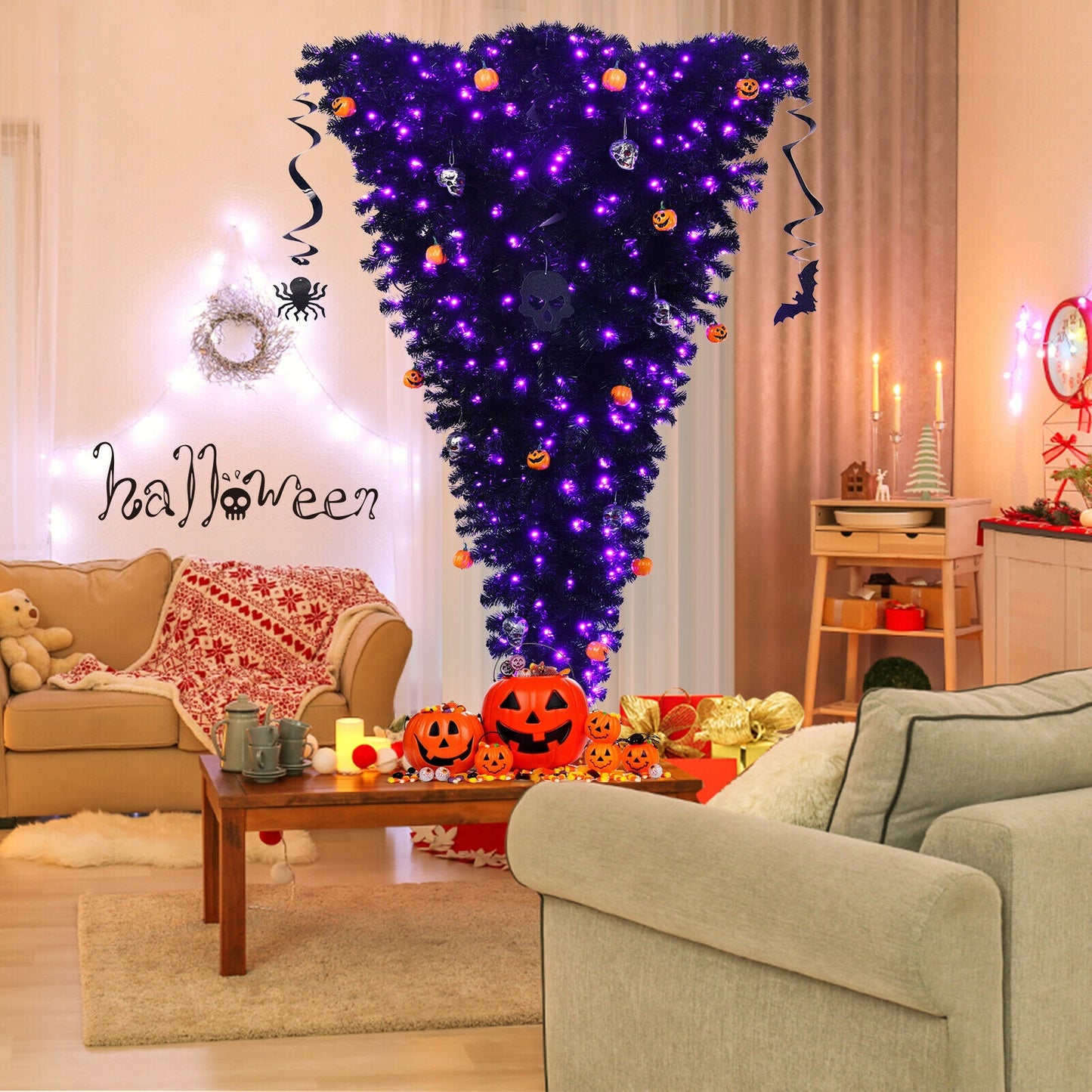 Arbre d'Halloween à l'envers de 7 pieds avec 400 lumières LED violettes