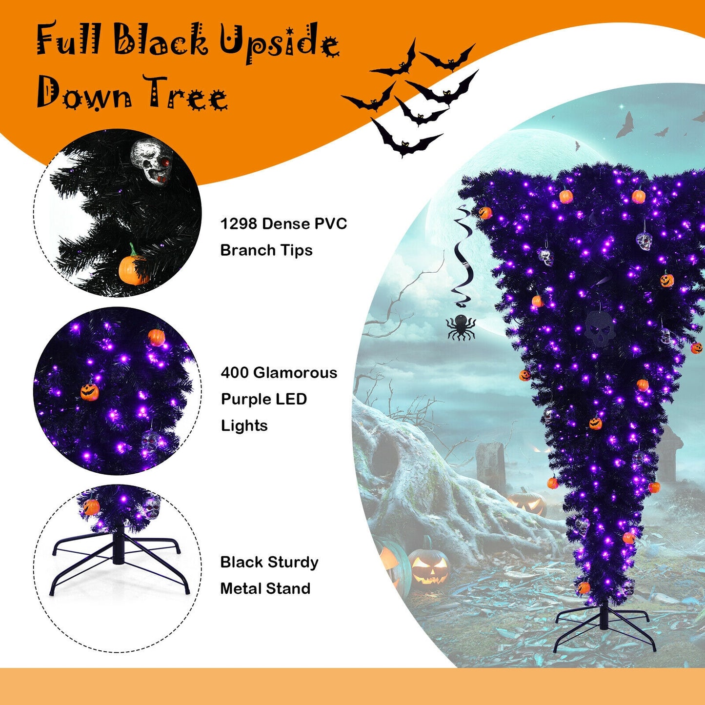 Arbre d'Halloween à l'envers de 7 pieds avec 400 lumières LED violettes