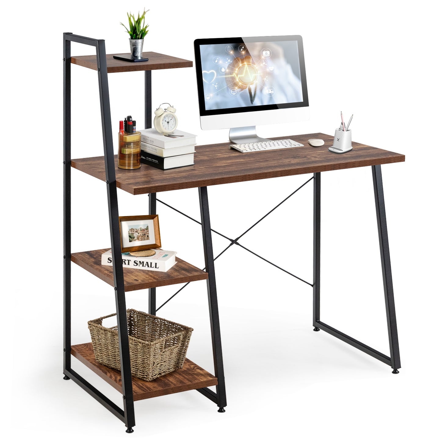 Bureau d'ordinateur compact avec 4 étagères à niveaux pour la maison et le bureau