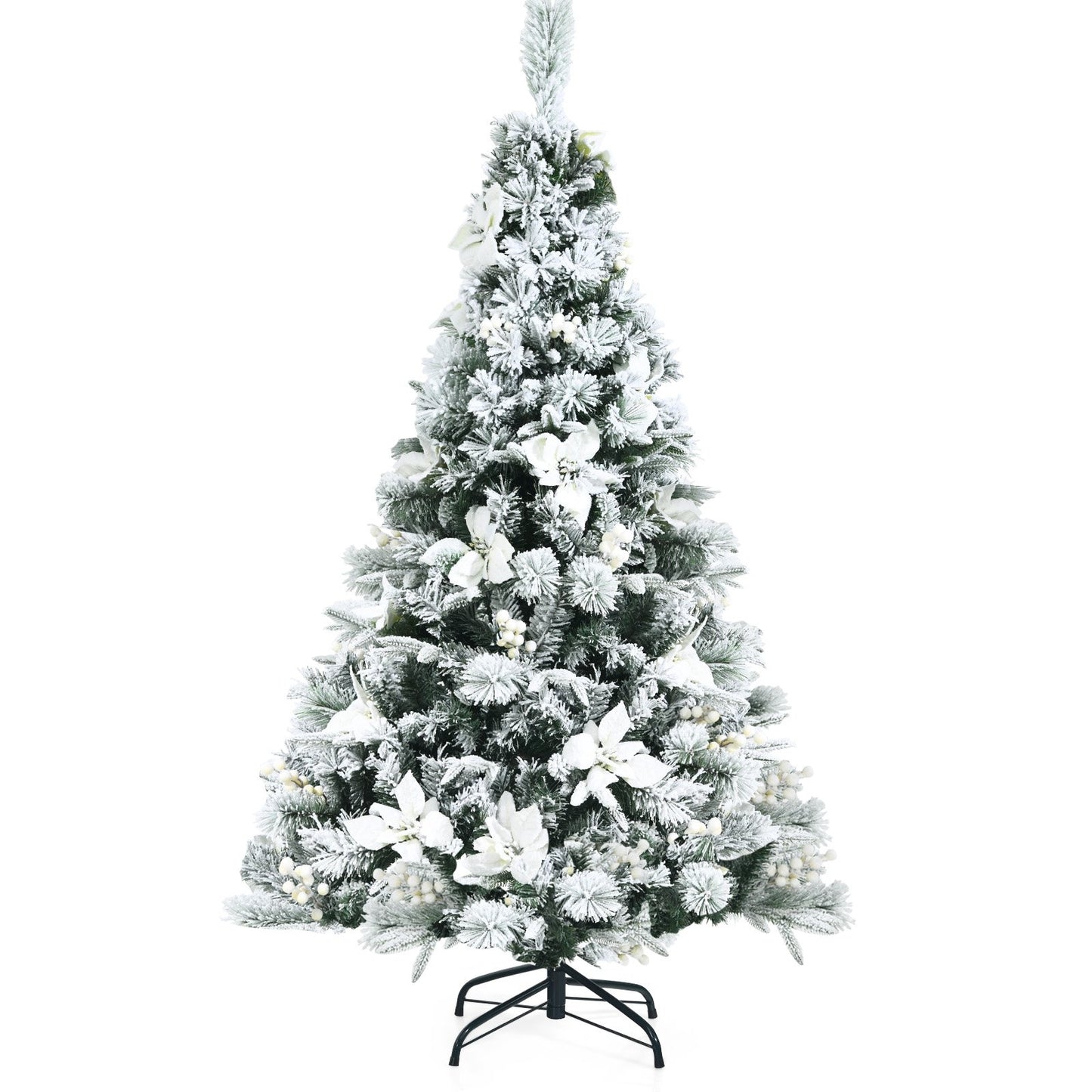 5 Feet Snow Flocked Hinged Christmas Tree with Berries and Poinsettia Flowers