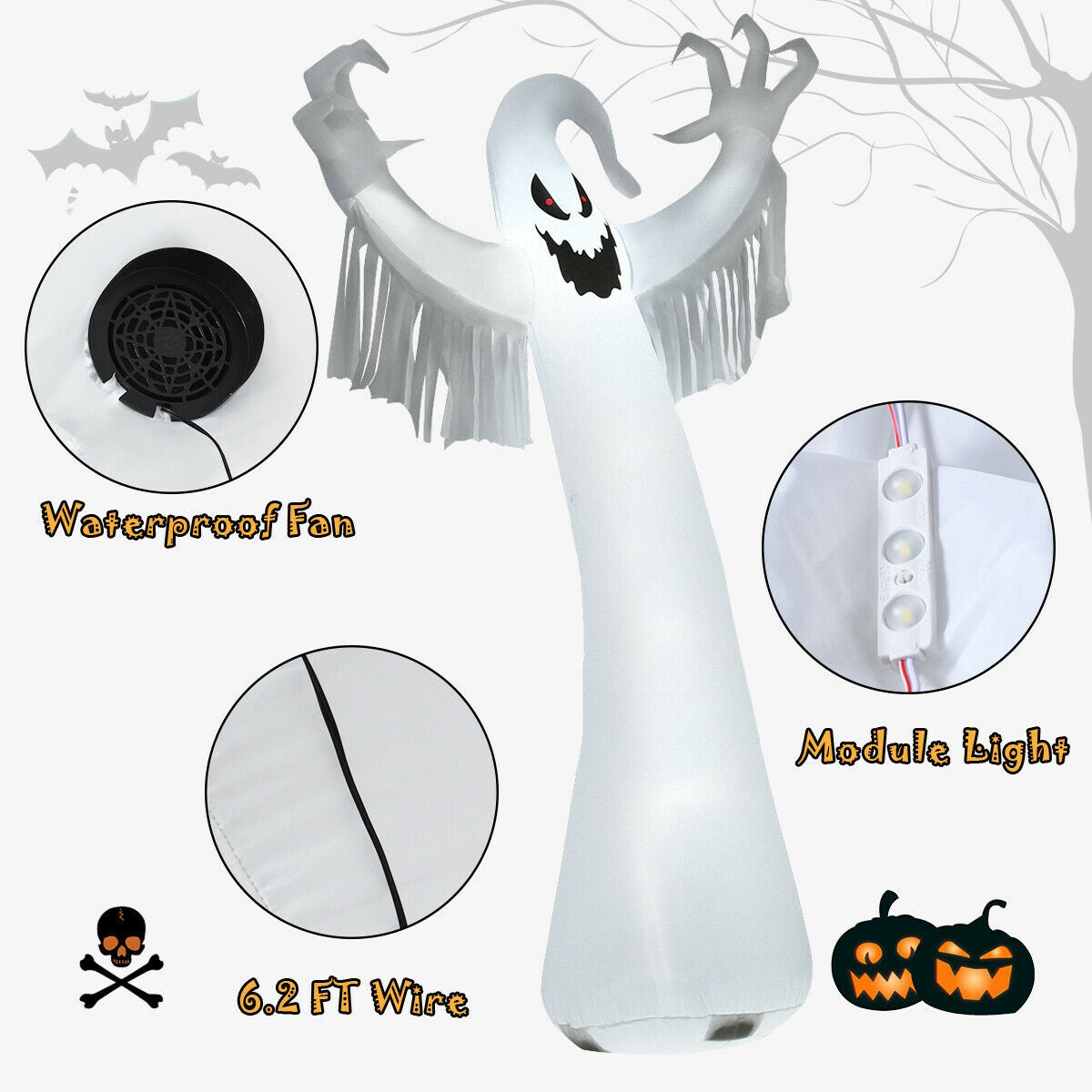 Fantôme gonflable effrayant d'Halloween de 12 pieds avec souffleur et lumières LED