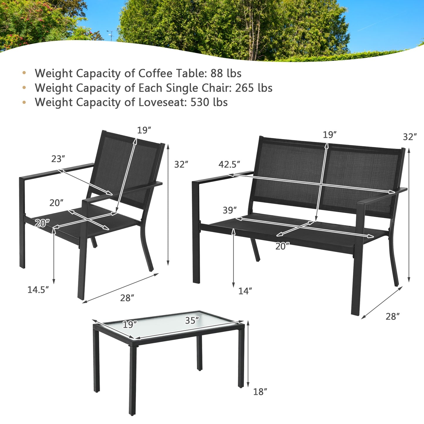 Ensemble de meubles de patio 4 pièces Canapé Table basse Cadre en acier Jardin