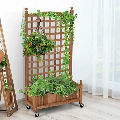 50 Inch Wood Planter Box with Trellis Mobile Raised Bed for Climbing Plant