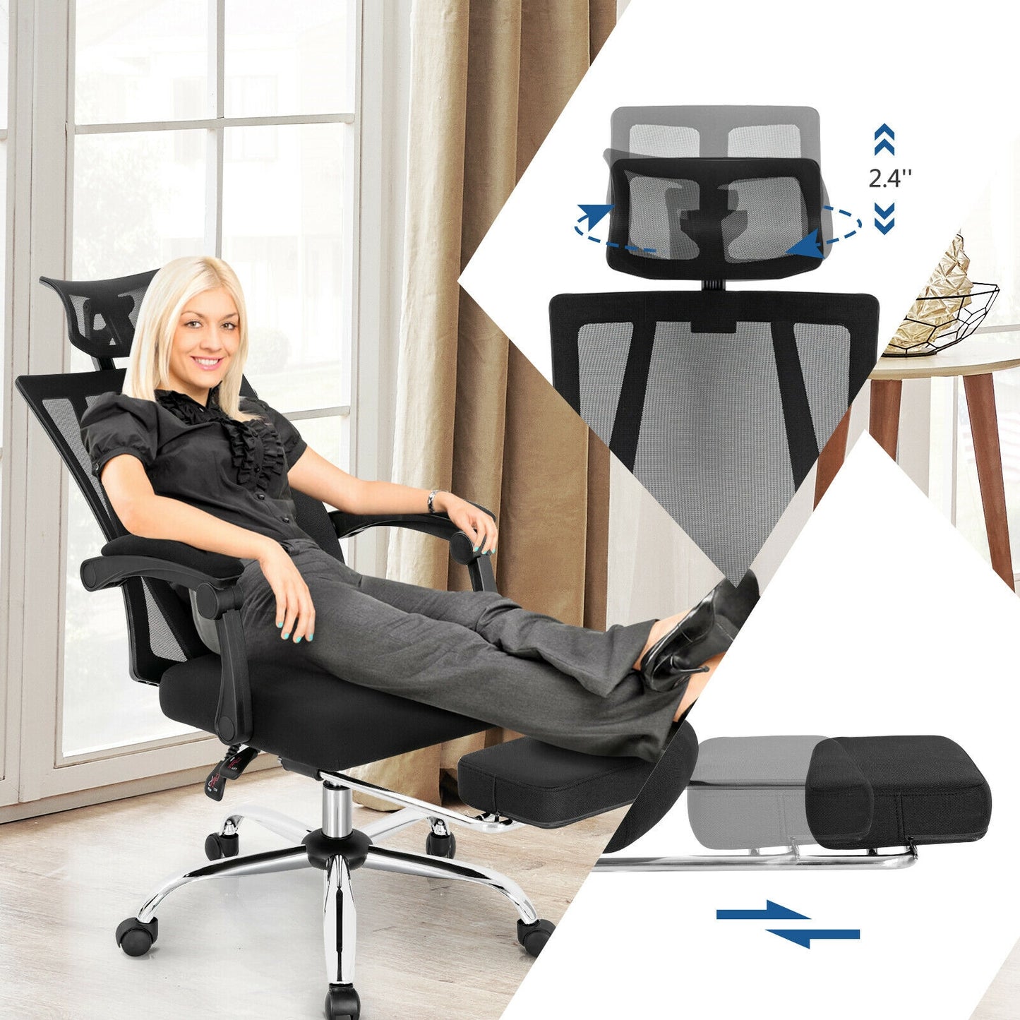 Chaise de bureau ergonomique inclinable en maille avec repose-pieds réglable