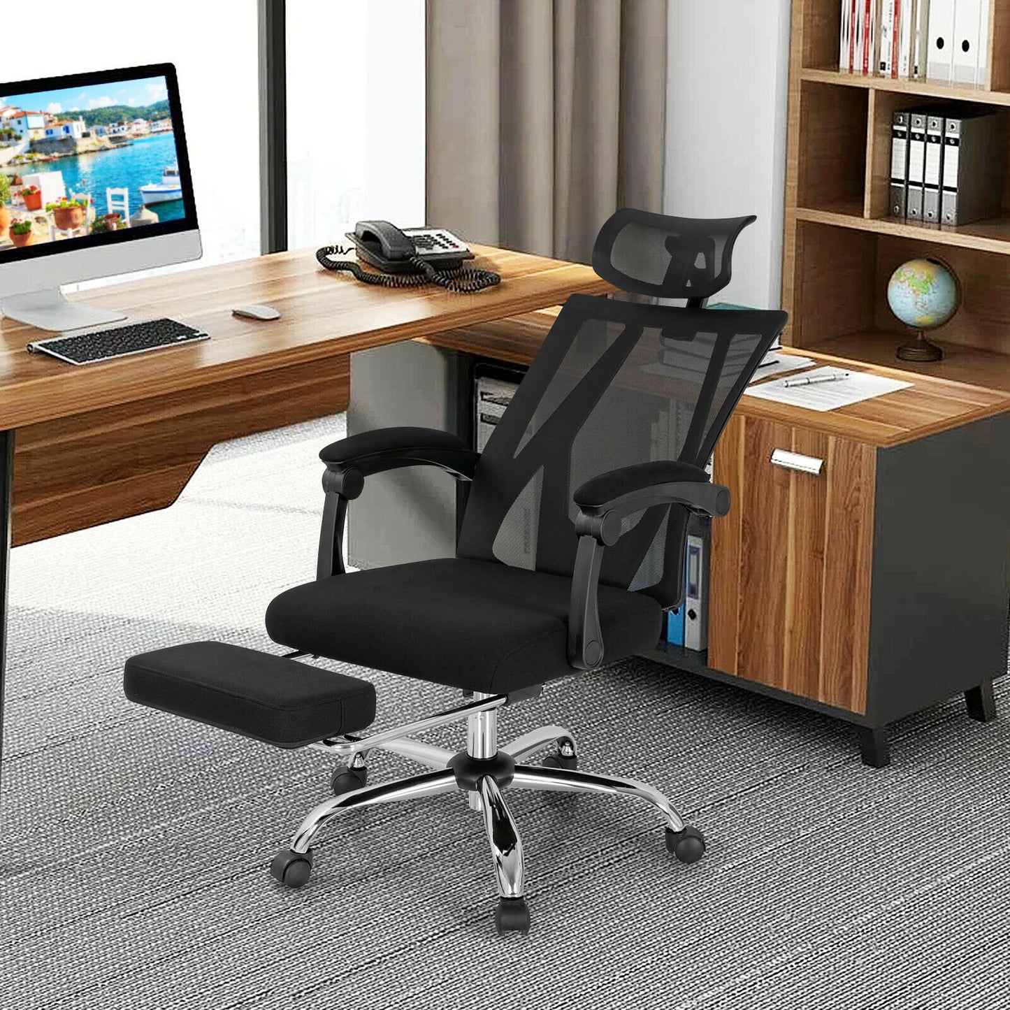 Chaise de bureau ergonomique inclinable en maille avec repose-pieds réglable