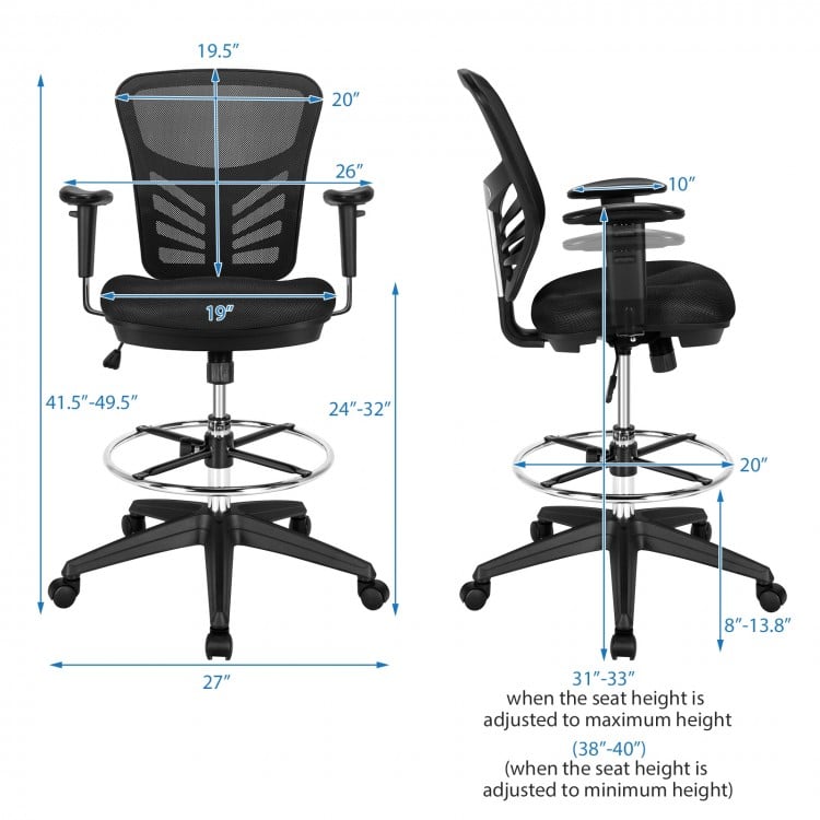 Chaise de bureau ergonomique en maille avec hauteur de dossier et accoudoirs réglables