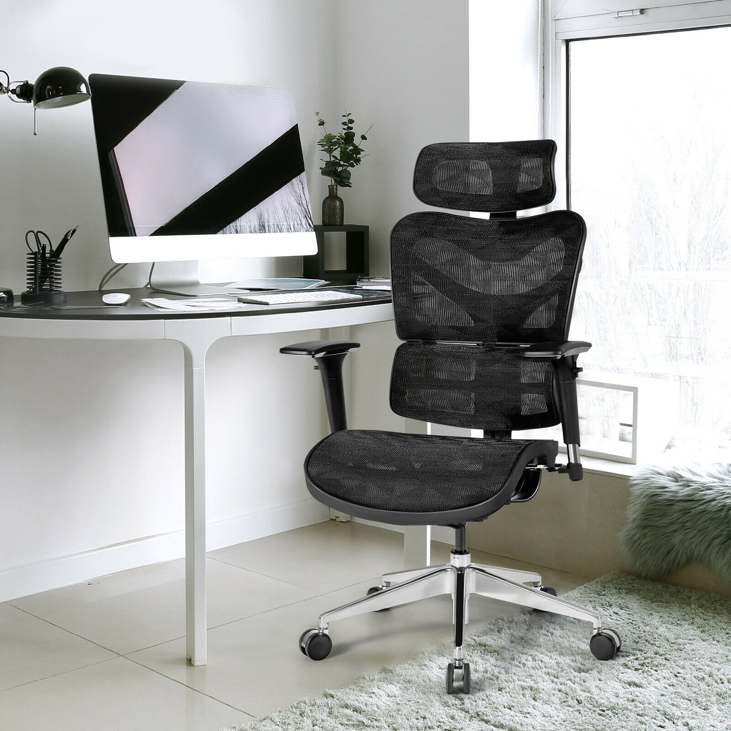 Chaise de bureau ergonomique à dossier haut réglable en maille avec support lombaire