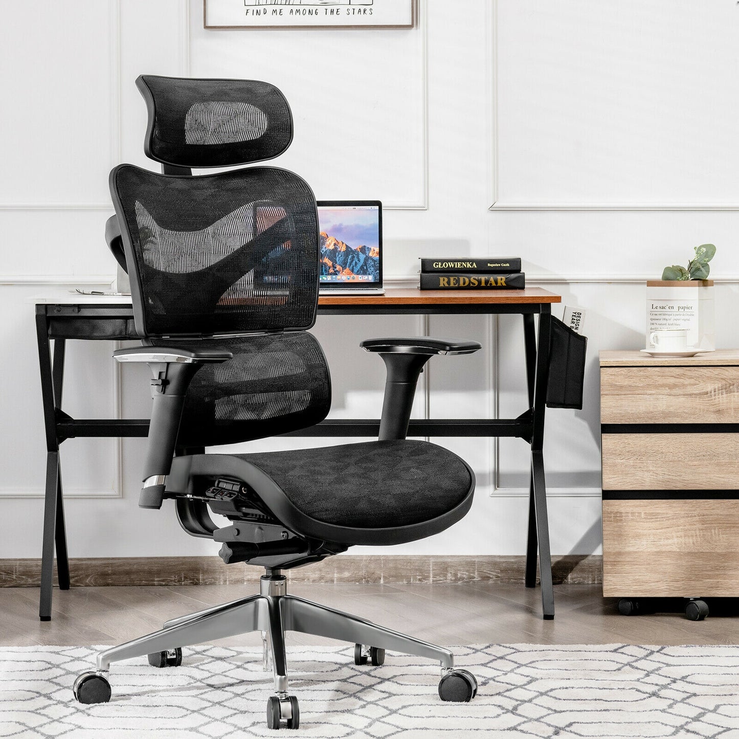 Chaise de bureau ergonomique à dossier haut réglable en maille avec support lombaire