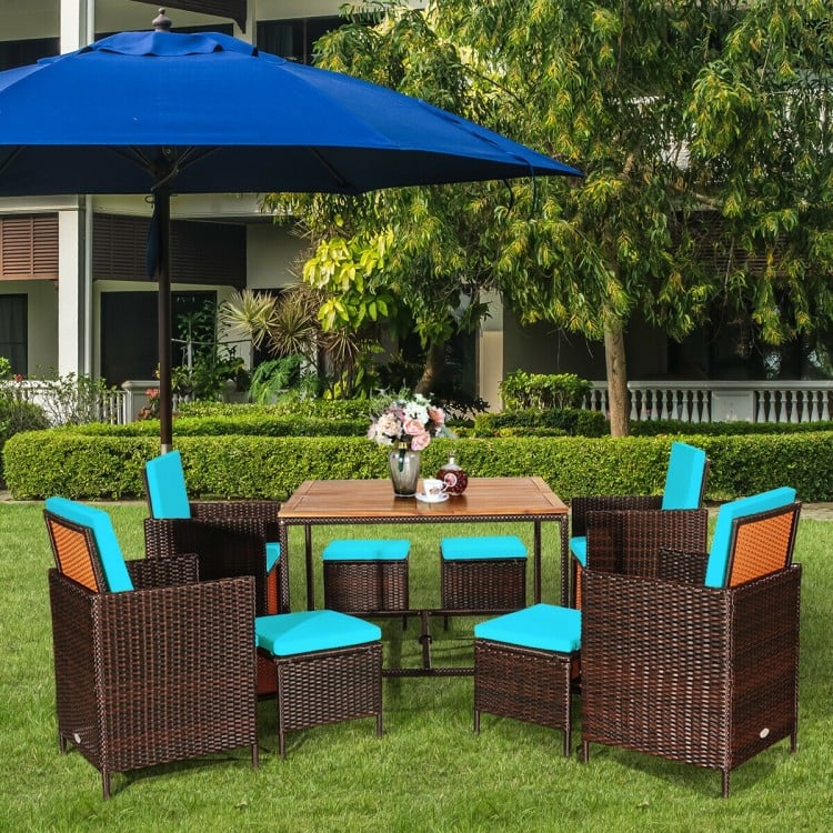 9 Pieces Patio Rattan Dining Cushioned Chairs Set