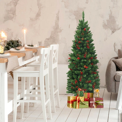 Sapin de Noël à charnière pré-éclairé de 4,5 pieds avec pommes de pin, baies rouges et 150 lumières