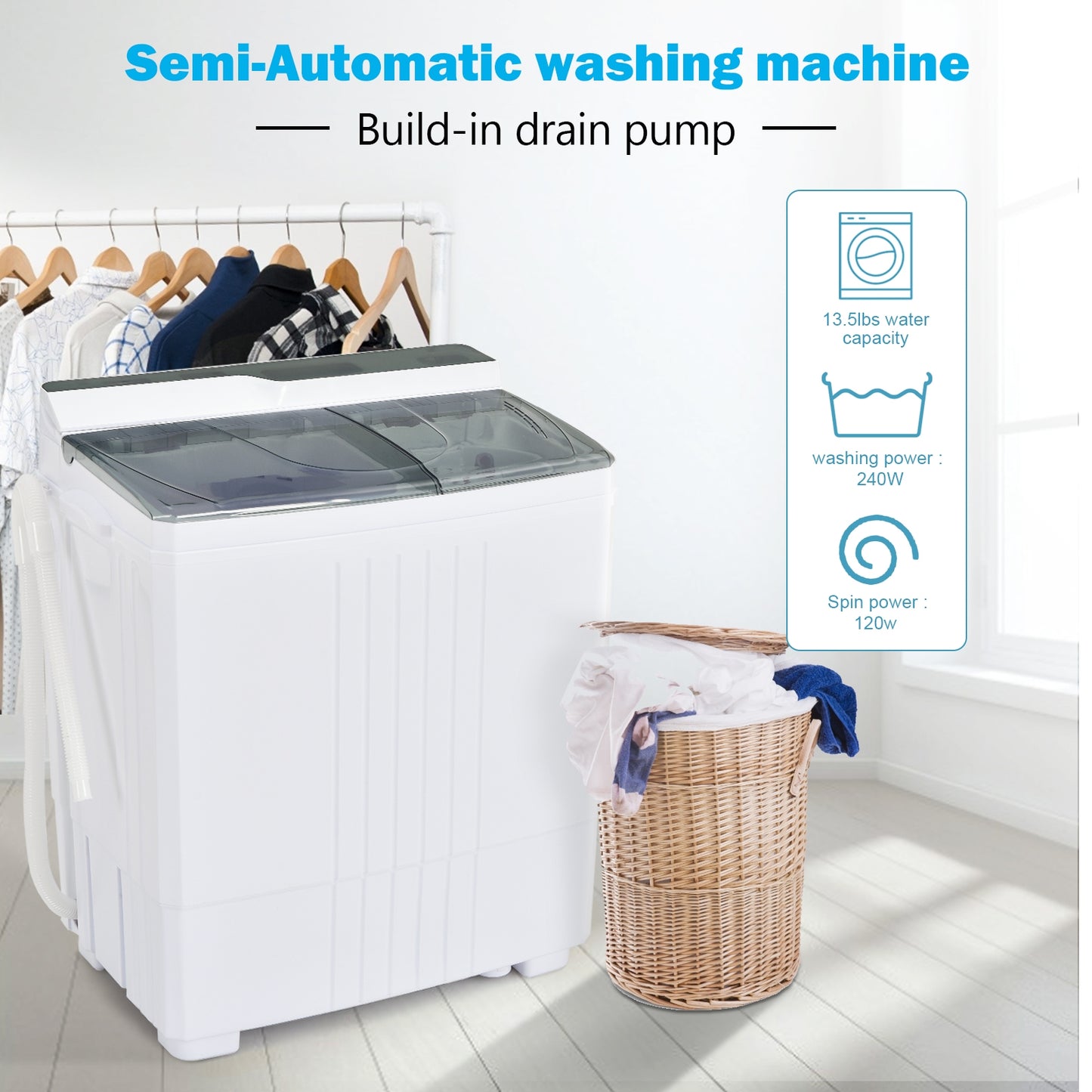 Twin Tub Portable Washing Machine with Timer Control and Drain Pump for Apartment