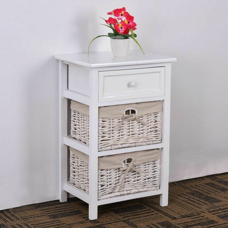 2 Pieces 3 Tiers Wood Nightstand Set with 1 Drawer and 2 Basket