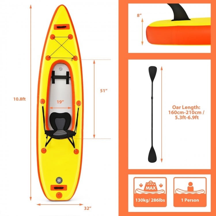 10.8 Feet Inflatable Kayak Set K1 1-Person Sit-On-Top Kayak with Oars