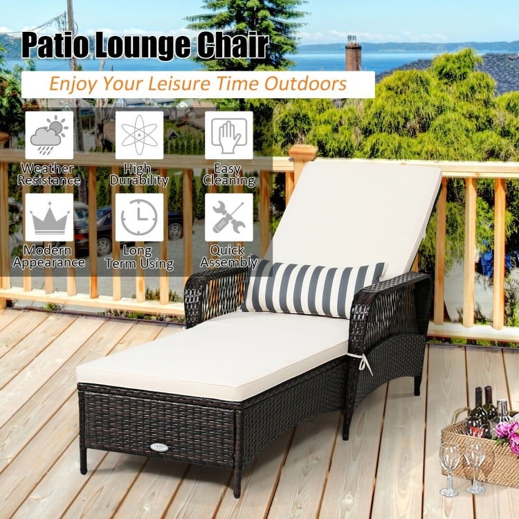 Patio Wicker Chaise Lounge Chair with Adjustable Backrest and Pillow