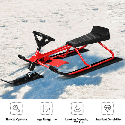 55.5 x 23.5 Inch Snow Sled with Steering Wheel and Double Brakes Pull Rope Slider