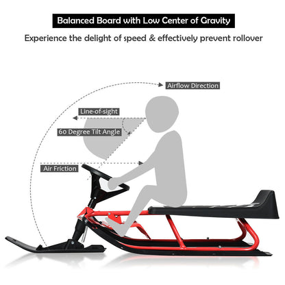 55.5 x 23.5 Inch Snow Sled with Steering Wheel and Double Brakes Pull Rope Slider