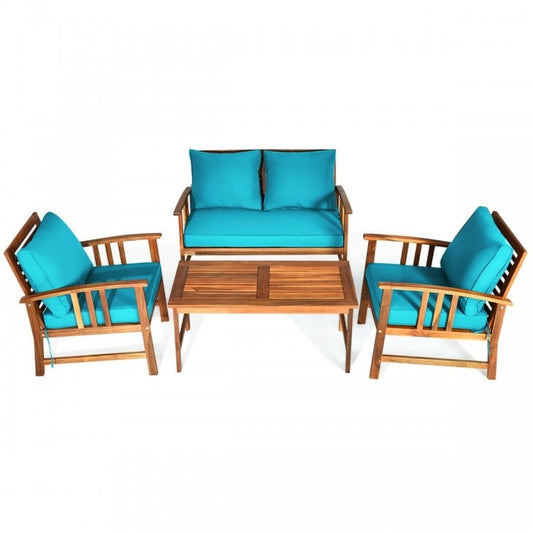 4 Pieces Wooden Patio Sofa Chair Set with Cushion