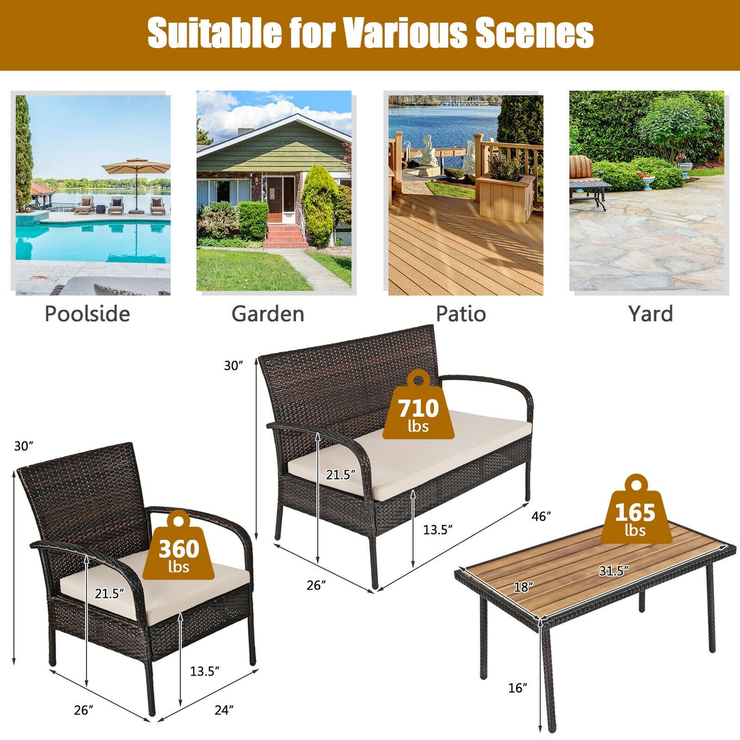 4 Pieces Patio Cushioned Wicker Conversation Set with Acacia Wood Tabletop