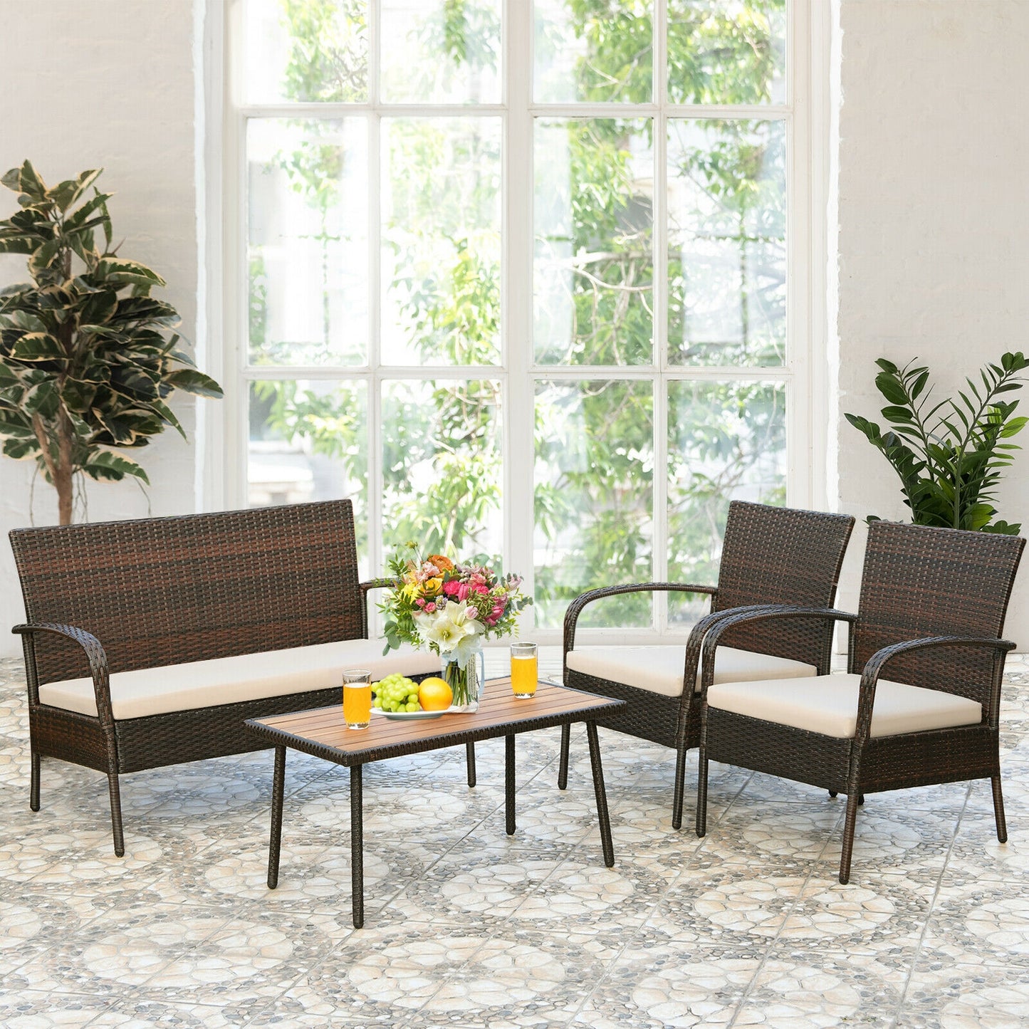 4 Pieces Patio Cushioned Wicker Conversation Set with Acacia Wood Tabletop