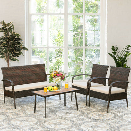 4 Pieces Patio Cushioned Wicker Conversation Set with Acacia Wood Tabletop