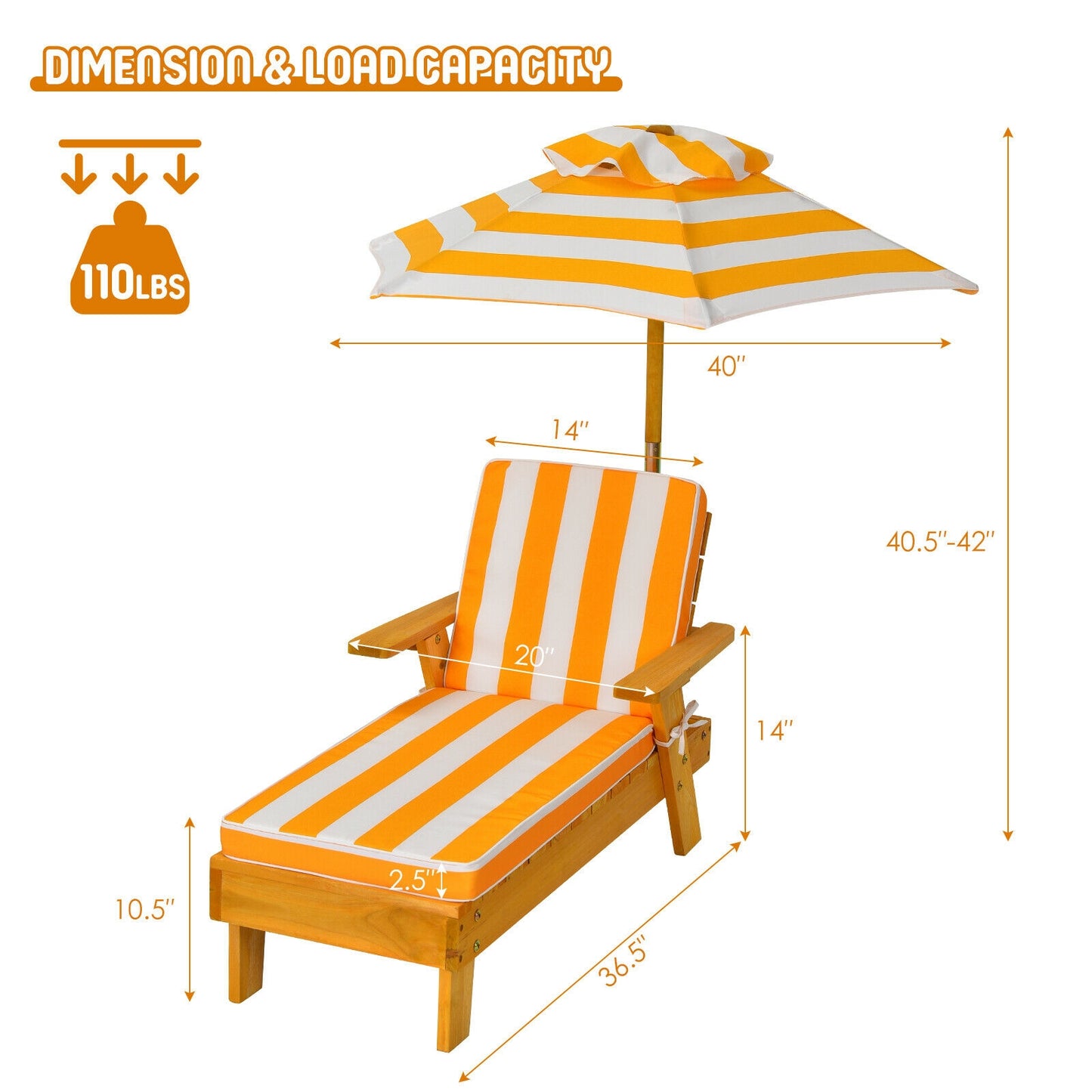 Chaise longue d'extérieur en bois pour enfants avec parasol réglable en hauteur